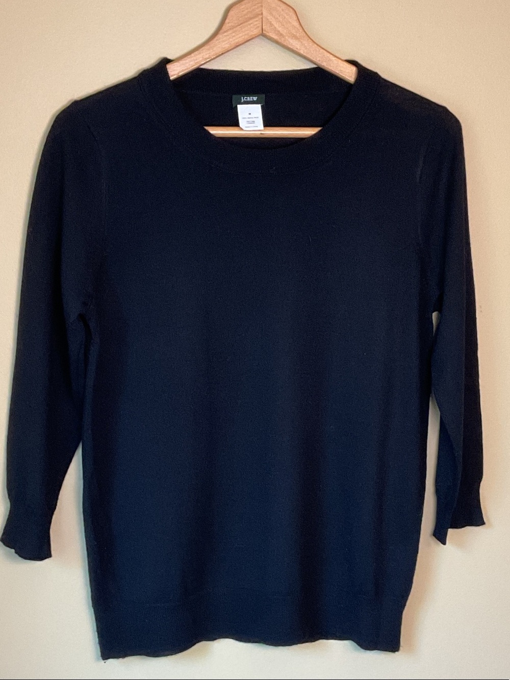 J. Crew Women's 100% Merino Wool Black Rounded 3/4 Sleeve Sweater